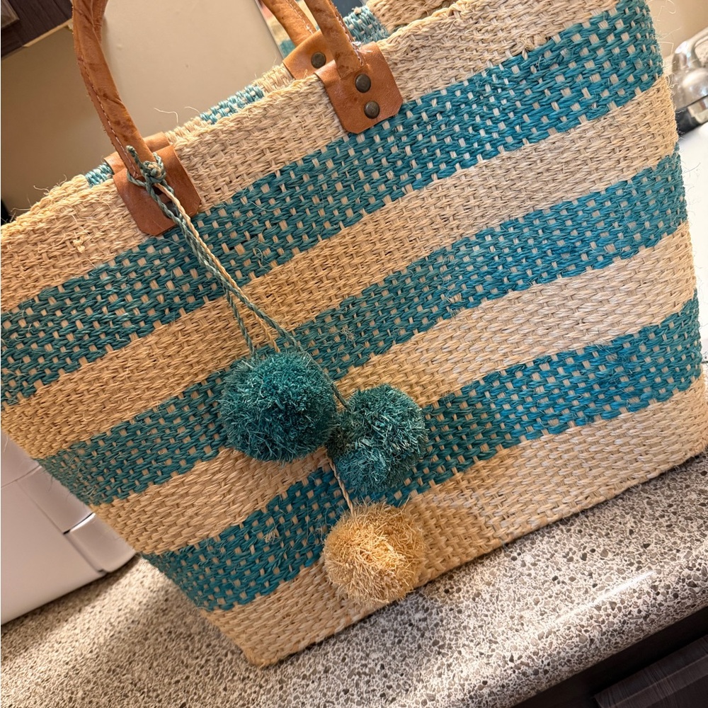 Teal and Tan Woven Tote with Pom Poms